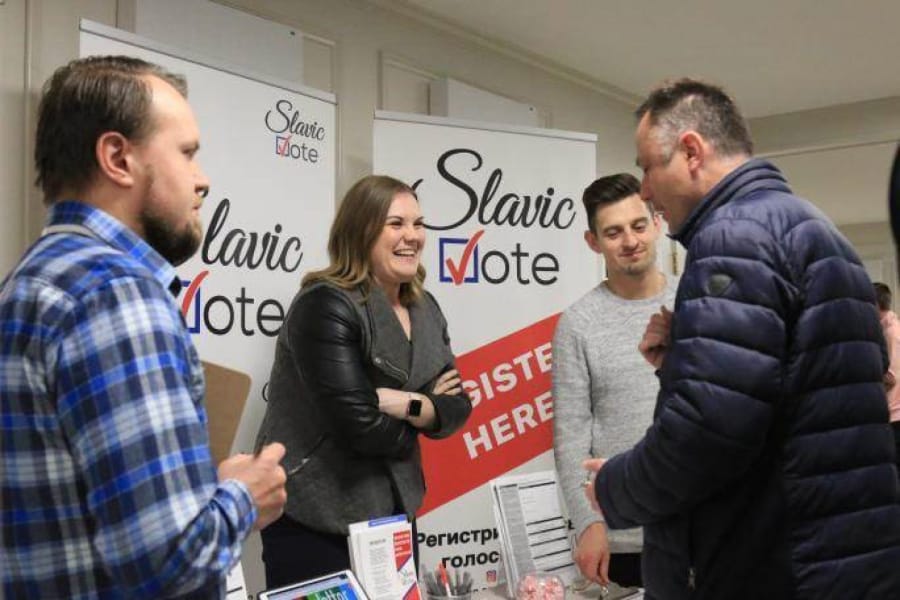 Dmitriy Sashchenko, left, Liliya Zhukova and Andrey Georgiyev last spring founded Slavic Vote, a group focused on registering Slavics to vote and educating them about the elections process.