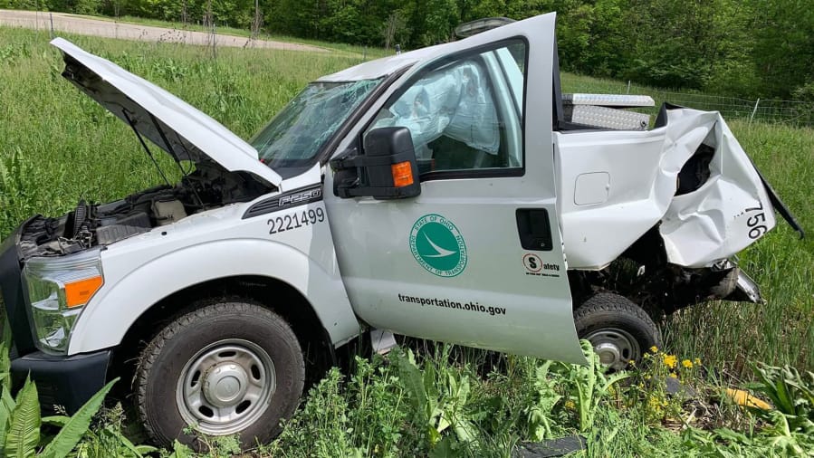 A truck smashed into a state Department of Transportation vehicle in May at a work zone on U.S. 30 near Bucyrus, Ohio. A worker was airlifted to the hospital, and the arrow board she was hauling was pinned under the truck.