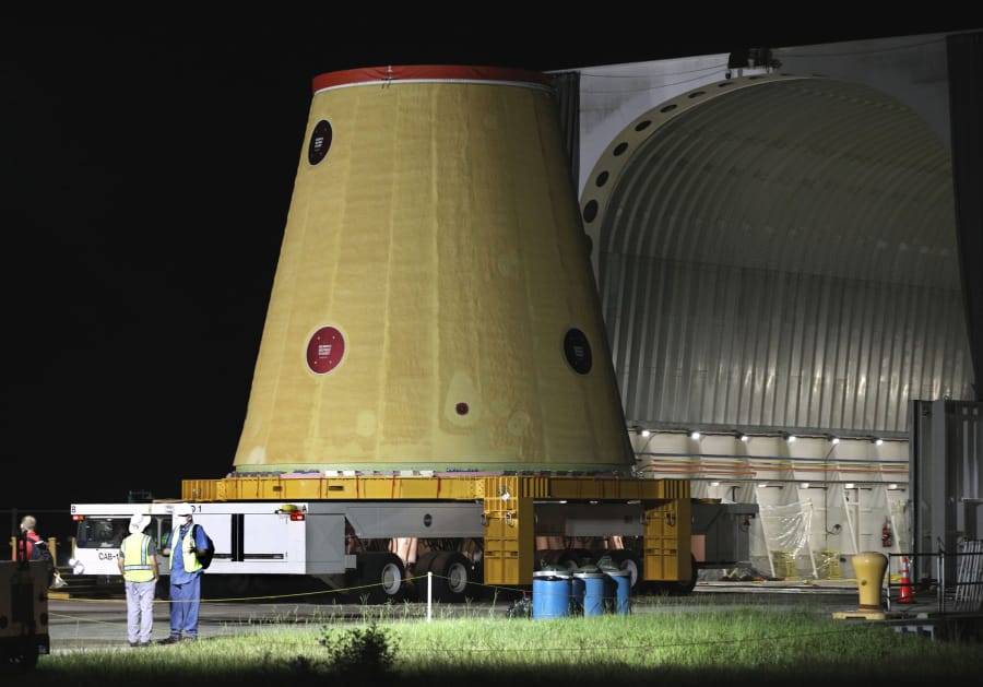 A Launch Vehicle Stage Adapter for the Artemis-1 mission is unloaded from a barge at Cape Canaveral Air Force Station in Florida on July 30.