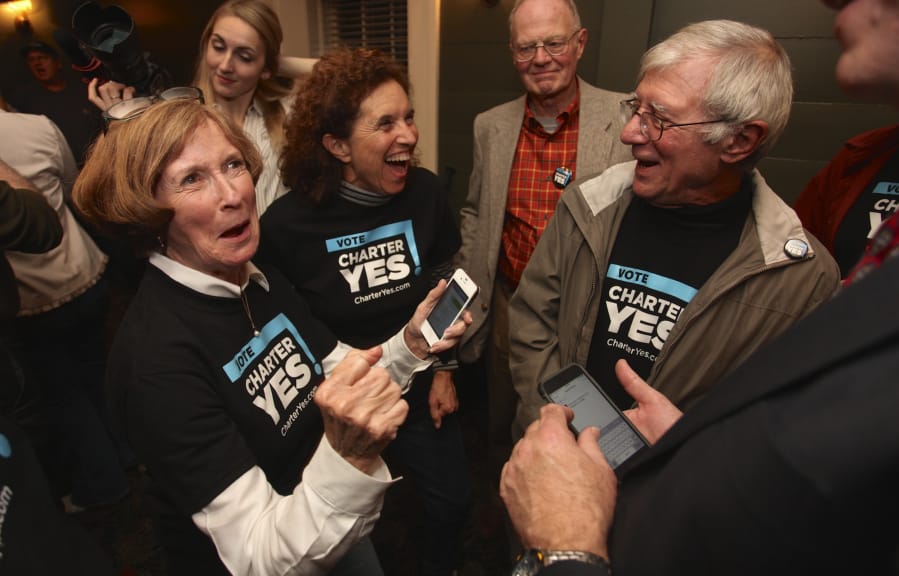 WEB ONLY Pro-charter supporters, from left, Betty Sue Morris, Patty Reyes and Joe Toscano react to early election results at Grant House on Election night in 2014. Morris was co-chair for the campaign.