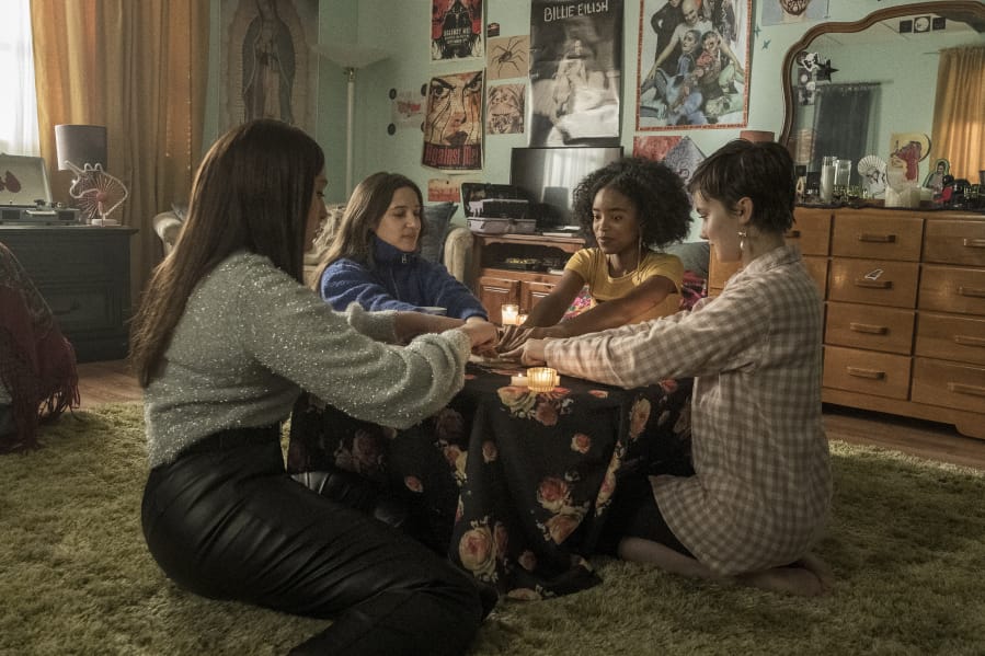 Lourdes (Zoey Luna), from left, Frankie (Gideon Adlon), Tabby (Lovie Simone), and Lily (Cailee Spaeny) perform rituals and talk about being cautious with their gifts in Columbia Pictures&#039; &quot;The Craft: Legacy.&quot; (Rafy Photography/Columbia Pictures)