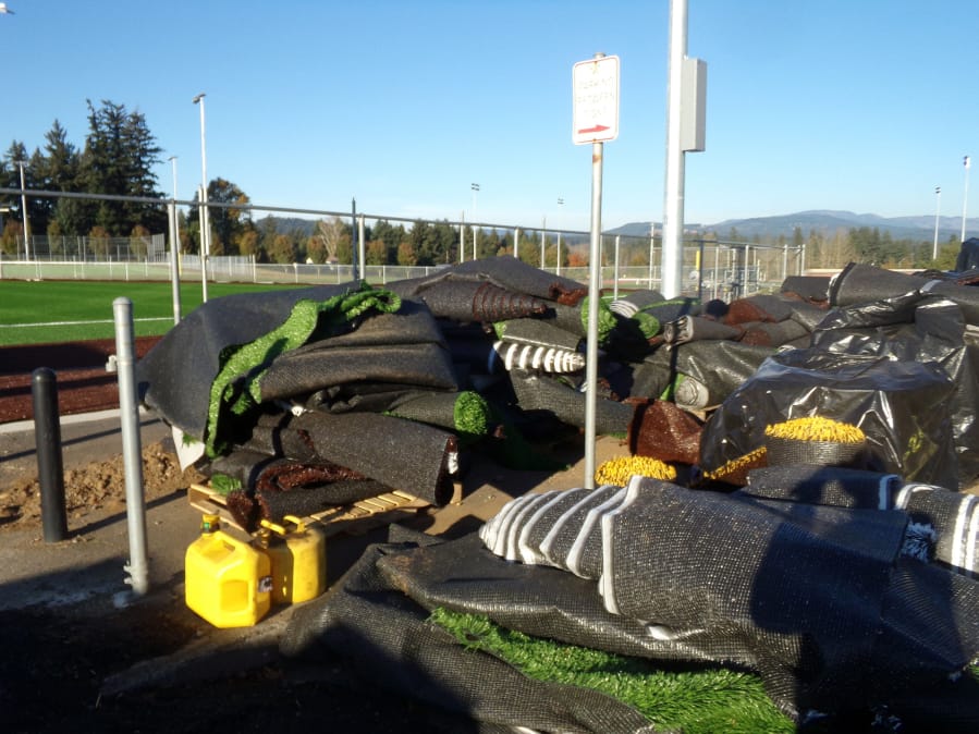 Rolls of artificial turf is stacked up around the new field installation projects at Union High School, Oct. 27, 2020.