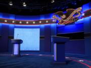 The debate stage is set ahead of the start of the second and final presidential debate Thursday, Oct. 22, 2020, at Belmont University in Nashville, Tenn.