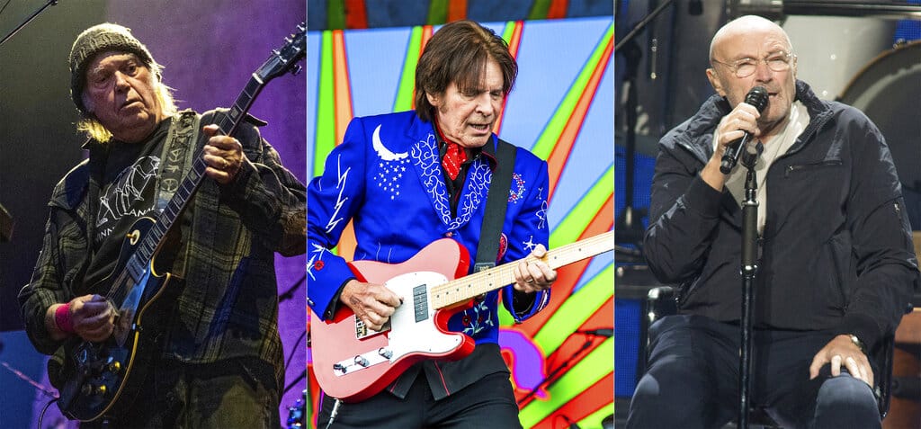 In this combination photo, Neil Young performs at the BottleRock Napa Valley Music Festival in Napa, Calif. on May 25, 2019, from left, John Fogerty performs at the New Orleans Jazz and Heritage Festival in New Orleans on May 5, 2019 and Phil Collins performs during his "Not Dead Yet Tour" in Philadelphia on Oct. 8, 2018. Young, Fogerty and Collins are among several musicians who are objecting to their songs being used at President Donald Trump's campaign rallies.
