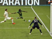 Portland Timbers' Yimmi Chara chases down the ball during the first half of the team's MLS soccer match against the LA Galaxy on Wednesday, Oct. 28, 2020, in Portland, Ore.