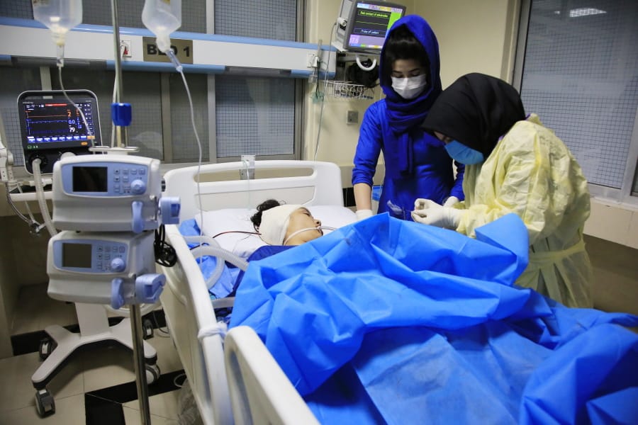An Afghan receives treatment at hospital after suicide attack in Kabul, Afghanistan, Saturday, Oct. 24, 2020. The death toll from the suicide attack Saturday in Afghanistan&#039;s capital has risen that includes schoolchildren, the interior ministry said..
