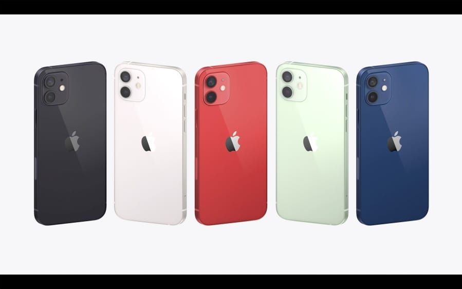 This image provided by Apple shows a display of the new iPhones equipped with technology for use with faster new 5G wireless networks that Apple unveiled Tuesday, Oct. 13, 2020.