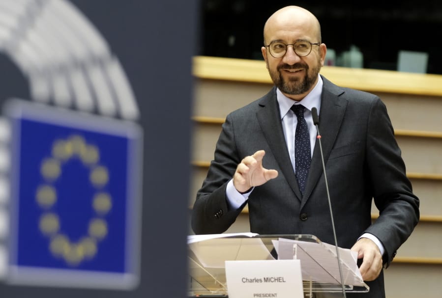 European Council President Charles Michel addresses the chamber on a report of last weeks EU summit during a plenary session at the European Parliament in Brussels, Wednesday, Oct. 21, 2020.