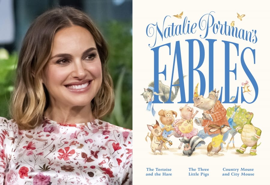 Natalie Portman participates in the BUILD Speaker Series to discuss the film &quot;Lucy in the Sky&quot; in New York on Oct. 2, 2019, left, and the cover of &quot;Natalie Portman&#039;s Fables,&quot; a book of children&#039;s fables with a gender inclusive twist.