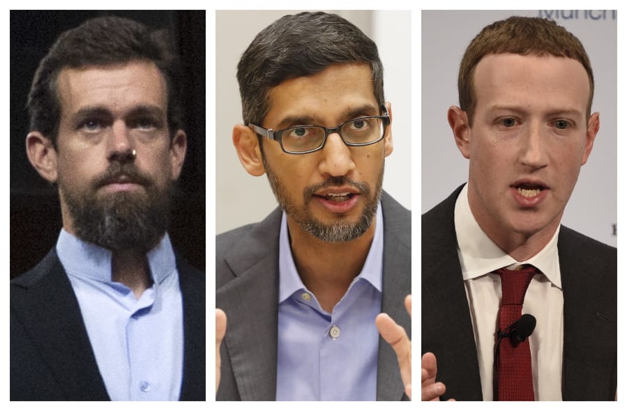 This combination of 2018-2020 photos shows, from left, Twitter CEO Jack Dorsey, Google CEO Sundar Pichai, and Facebook CEO Mark Zuckerberg. Less than a week before Election Day, the CEOs of Twitter, Facebook and Google are set to face a grilling by Republican senators who accuse the tech giants of anti-conservative bias. Democrats are trying to expand the discussion to include other issues such as the companies&#039; heavy impact on local news.  The Senate Commerce Committee has summoned Twitter CEO Jack Dorsey, Facebook&#039;s Mark Zuckerberg and Google&#039;s Sundar Pichai to testify for a hearing Wednesday. The executives have agreed to appear remotely after being threatened with subpoenas.