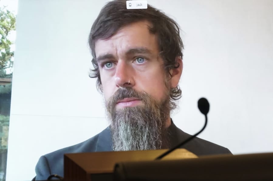 Twitter CEO Jack Dorsey appears on a screen as he speaks remotely during a hearing before the Senate Commerce Committee on Capitol Hill, Wednesday, Oct. 28, 2020, in Washington. The committee summoned the CEOs of Twitter, Facebook and Google to testify during the hearing.