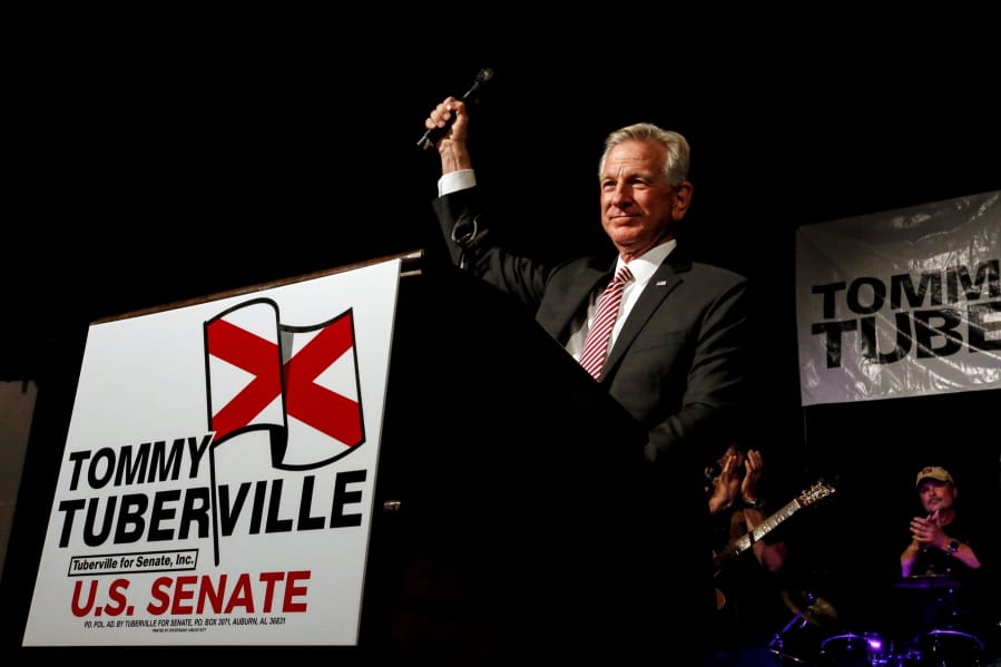 FILE- In this Tuesday, July 14, 2020, file photo, former Auburn coach, Tommy Tuberville, speaks to supporters after he defeated Senator Jeff Sessions in the runoff election in Montgomery, Ala. U.S. Sen. Doug Jones is outspending Tuberville in the home stretch of Alabama&#039;s Senate race.