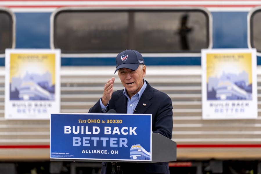 Democratic presidential candidate former Vice President Joe Biden speaks at Amtrak&#039;s Alliance Train Station, Wednesday, Sept. 30, 2020, in Alliance, Ohio. Biden is on a train tour through Ohio and Pennsylvania today.