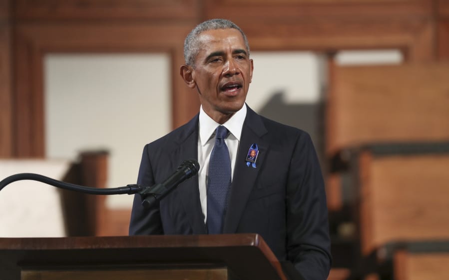 FILE - In this July 30, 2020, file photo, former President Barack Obama, addresses the service during the funeral for the late Rep. John Lewis, D-Ga., at Ebenezer Baptist Church in Atlanta. Obama is returning to Philadelphia for his first in-person 2020 campaign event for Joe Biden.