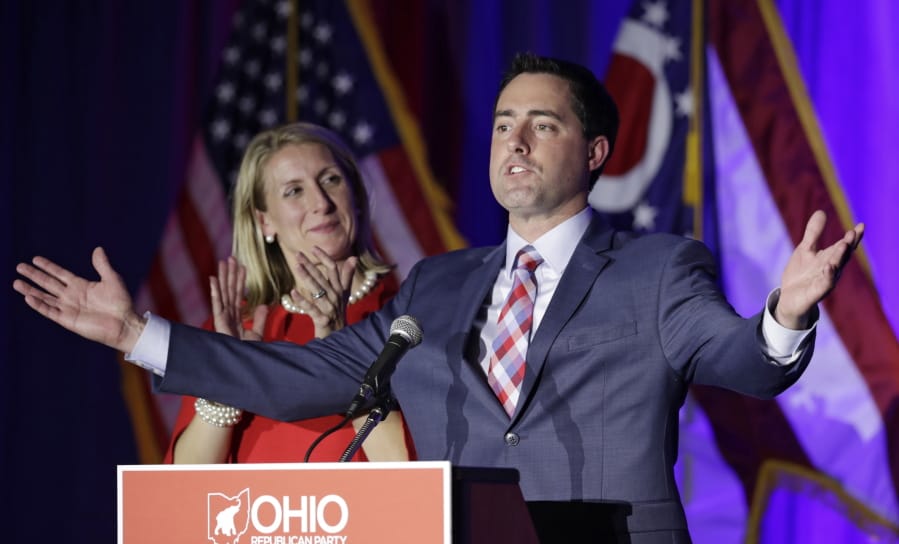 FILE - In this Nov. 6, 2018 file photo, Ohio Secretary of State Frank Larose speaks at the Ohio Republican Party event, in Columbus, Ohio. The Ohio Democratic Party filed a lawsuit against LaRose on Tuesday, Aug. 25, 2020, in an attempt to force an expansion of ballot dropboxes ahead of the November election.