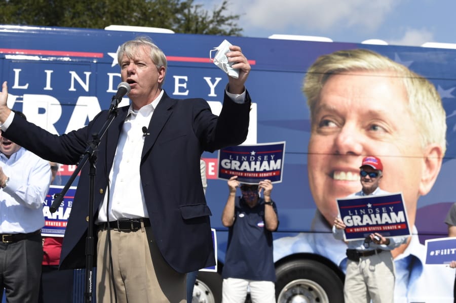 Republican U.S. Sen. Lindsey Graham of South Carolina speaks to supporters at a get-out-the-vote rally on Friday, Oct. 16, 2020, in North Charleston, S.C.