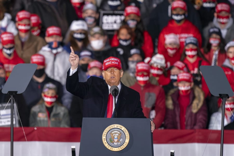 President Donald Trump speaks during a campaign rally at Southern Wisconsin Regional Airport, Saturday, Oct. 17, 2020, in Janesville, Wis.