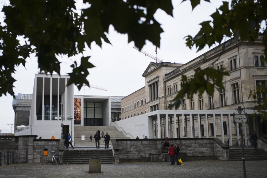 The main entrance to the Museums Island and the Neue Museum, left, in Berlin, Wednesday, Oct. 21, 2020. A large number of art works and artifacts at some of Berlin&#039;s best-known museums were smeared with a liquid by an unknown perpetrator or perpetrators earlier this month, police said Wednesday. The &#039;numerous&#039; works in several museums at the Museum Island complex, a UNESCO world heritage site in the heart of the German capital that is one of the city&#039;s main tourist attractions, were targeted between 10 a.m. and 6 p.m. on Oct. 3, police said.