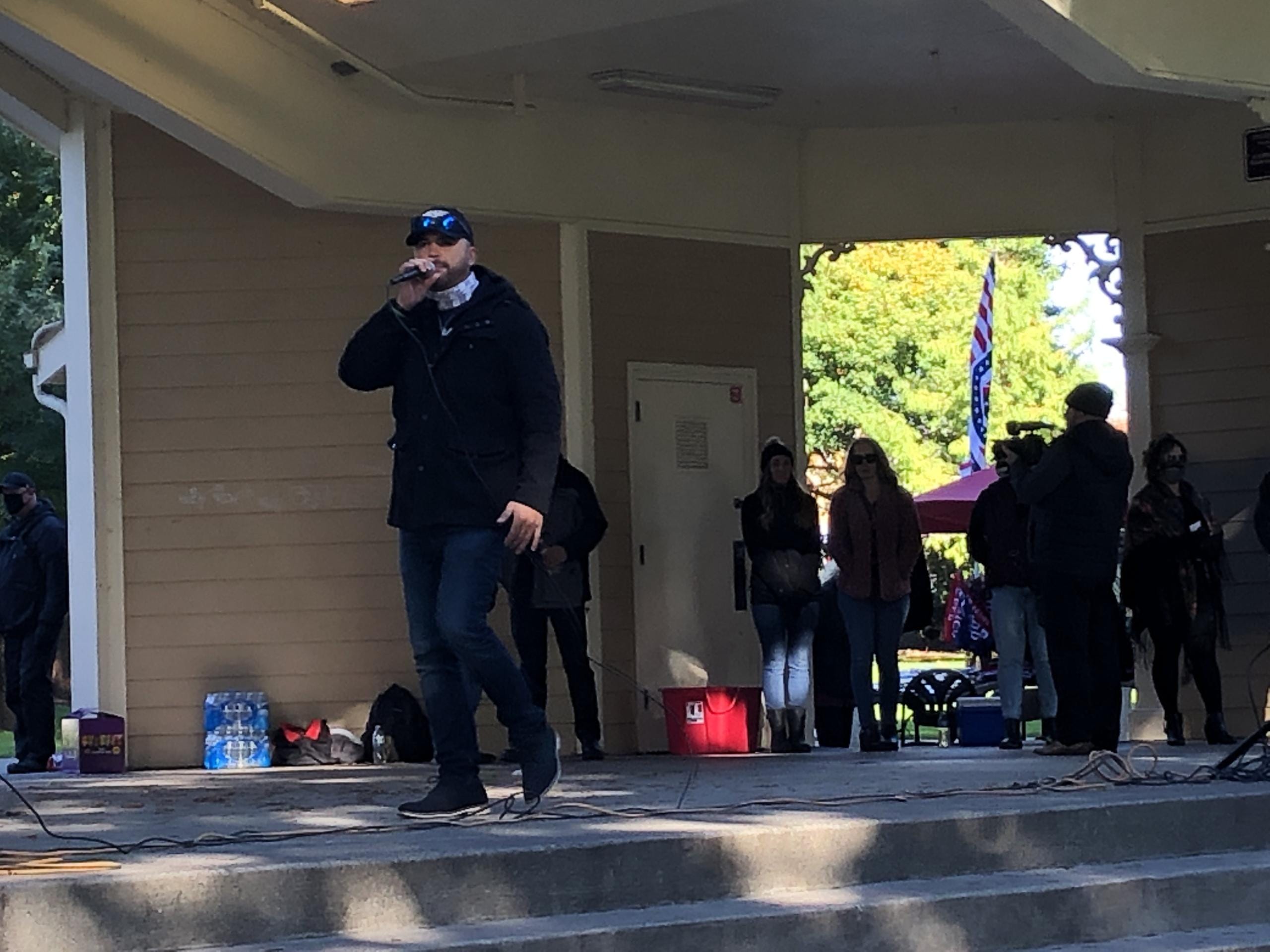 Patriot Prayer founder Joey Gibson speaks at a pro-free speech rally Sunday at Esther Short Park in Vancouver.