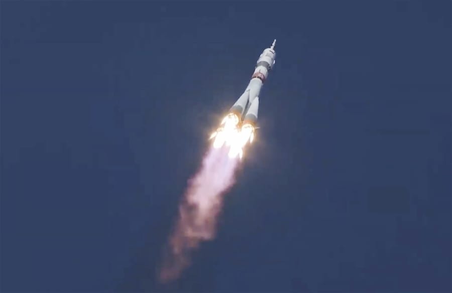 In this image made from video footage released by Roscosmos Space Agency, the Soyuz-2.1a rocket booster with the Soyuz MS-17 space ship carrying a new crew to the International Space Station (ISS), blasts off at the Russian leased Baikonur cosmodrome, Kazakhstan, Wednesday, Oct. 14, 2020. A trio of space travelers has launched successfully to the International Spce Station, for the first time using a fast-track maneuver to reach the orbiting outpost in just three hours. NASA&#039;s Kate Rubins and Sergey Ryzhikov and Sergey Kud-Sverchkov of the Russian space agency Roscosmos lifted off as scheduled at 10:45 a.m. (1:45 a.m. EDT, 5:45 a.m. GMT) Wednesday from the Russia-leased Baikonur space launch facility in Kazakhstan for a six-month stint on the station.