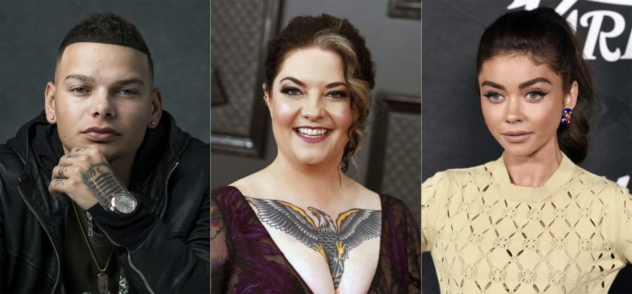 This combination photo shows, from left, singers  Kane Brown, Ashley McBryde and actress Sarah Hyland who will host this year&#039;s CMT Music Awards airing on CMT, MTV, MTV2, Logo, Paramount Network, Pop and TV Land.