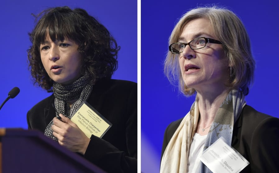 FILE - This Tuesday, Dec. 1, 2015 file combo image shows Emmanuelle Charpentier, left, and Jennifer Doudna, both speaking at the National Academy of Sciences international summit on the safety and ethics of human gene editing, in Washington. The 2020 Nobel Prize for chemistry has been awarded to Emmanuelle Charpentier and Jennifer Doudna &quot;for the development of a method for genome editing.&quot; A panel at the Swedish Academy of Sciences in Stockholm made the announcement Wednesday Oct. 7, 2020.