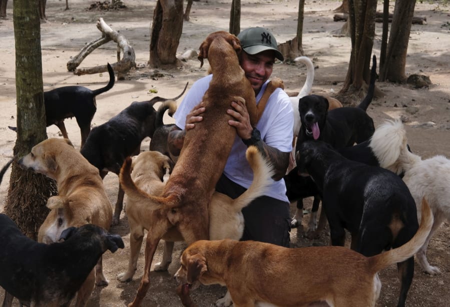In this Oct. 13, 2020, photo, Ricardo Pimentel is greeted by dogs that he rescued at his Tierra de Animales (Land of Animals) shelter in Leona Vicario, Mexico. Pimentel sheltered about 300 dogs at his home during Hurricane Delta, and his story, which has gone viral, led people across the world to donate to the shelter.