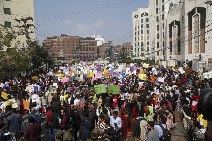 Pakistani activists take part in an International Women&#039;s Day rally in Lahore, Pakistan, Sunday, March 8, 2020. Pakistanis held rallies across the country. Officially recognized by the United Nations in 1977, it is celebrated around the world on March 8. (AP Photo/K.M.