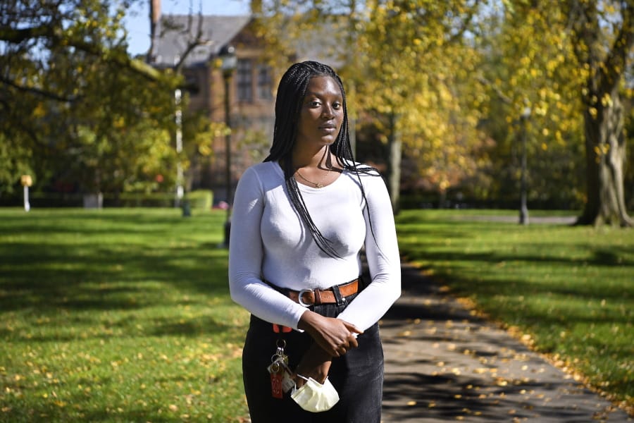 Alphina Kamara at Wesleyan University, Saturday, Oct. 17, 2020, in Middletown, Conn. Kamara, a junior at Wesleyan University studying English and sociology, says she was never encouraged to explore options like an engineering course while in high school.