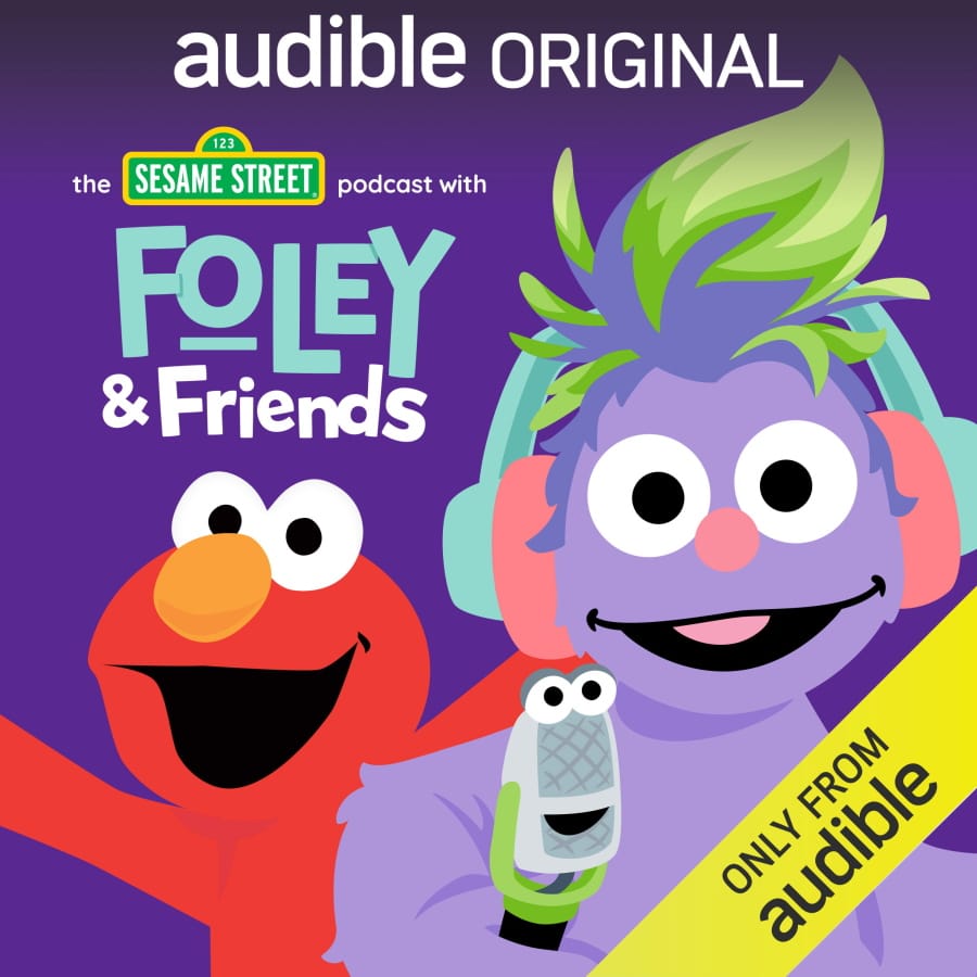 This image released by Audible shows cover art for &quot;The Sesame Street Podcast with Foley &amp; Friends.&quot; The podcast, led by 6-year-old furry monster Foley and her sidekick Mikee the Microphone, gives some screen-free educational entertainment to kids who may be having spotty school lessons during the pandemic.