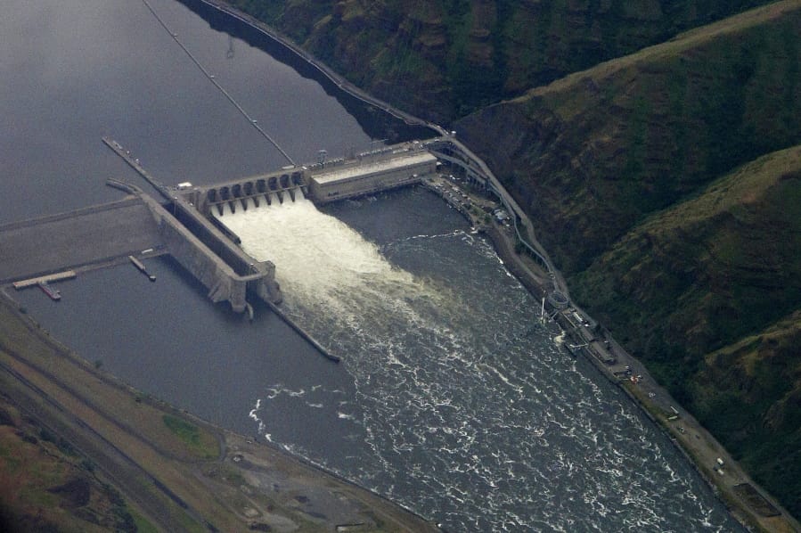 FILE - In this May 15, 2019 file photo, the Lower Granite Dam on the Snake River is seen from the air near Colfax, Wash. Environmental groups are vowing to continue their fight to remove four dams on the Snake River in Washington state they say are killing salmon that are a key food source for endangered killer whales. (AP Photo/Ted S.