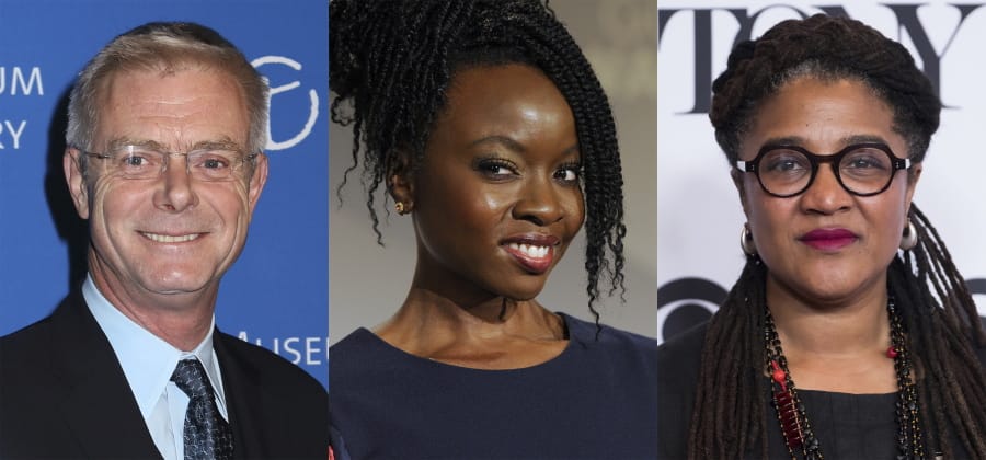 This combination photo shows director Stephen Daldry at the American Museum of Natural History&#039;s 2014 Museum Gala in New York on Nov. 20, 2014, actress-playwright Danai Gurira at the nominations for the 26th annual Screen Actors Guild Awards In West Hollywood, Calif., on Dec. 11, 2019, and playwright Lynn Nottage at the 2017 Tony Awards Meet the Nominees press day  in New York on May 3, 2017.  Daldry, Gurira and Nottage are spearheading a night of music and short monologues as part of a theatrically-led national get-out-the-vote effort.
