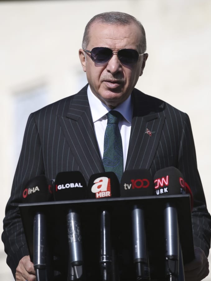 Turkey&#039;s President Recep Tayyip Erdogan speaks to the media, in Istanbul, Friday, Oct. 23, 2020. Erdogan confirmed the country tested its Russian-made missile defense system, despite objections from the United States. Speaking after Friday prayers in Istanbul, President Recep Tayyip Erdogan said Turkey had every right to test its equipment.