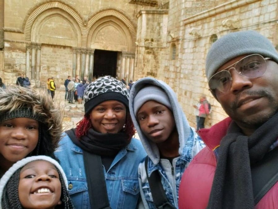 Jayde Brown, from left, Jay&#039;Elle Brown, Jayson R. Brown, Tammy Brown and Jayson E. Brown at the Church of the Holy Sepulchre in Jerusalem on Dec. 27. (Jayson E.