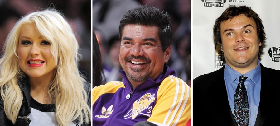 This photo combination shows from left: musician Christina Aguilera in Los Angeles, March 29, 2012, comedian George Lopez in Los Angeles, Dec. 25, 2012, and actor Jack Black in Las Vegas, April 25, 2012. Public relations firms hired by the Department of Health and Human Services vetted the political views of hundreds of celebrities, including Aguilera, Lopez, and Black, for a health education advertising campaign on the coronavirus outbreak. That&#039;s according to documents released Thursday by a House committee.