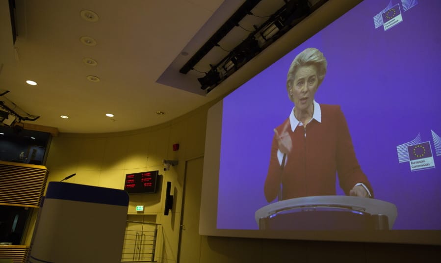 European Commission President Ursula von der Leyen speaks via video conference into a press room at EU headquarters in Brussels, Wednesday, Oct. 28, 2020. The European Commission on Wednesday, is launching an additional set of actions, to help limit the spread of the coronavirus, save lives and strengthen the internal market&#039;s resilience.
