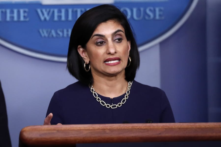 FILE - In this April 7, 2020, file photo, Seema Verma, administrator of the Centers for Medicare and Medicaid Services, speaks about the coronavirus, in the James Brady Press Briefing Room of the White House in Washington.  Medicare will cover the yet-to-be approved coronavirus vaccine free for older people under a policy change expected to be announced shortly, a senior administration official said Tuesday.