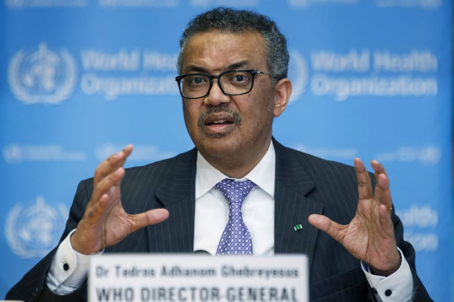 FILE - In this Monday, March 9, 2020 file photo, Tedros Adhanom Ghebreyesus, Director General of the World Health Organization speaks during a news conference on updates regarding COVID-19, at the WHO headquarters in Geneva, Switzerland. The head of the World Health Organization warned against the idea that herd immunity might be a realistic strategy to stop the pandemic, dismissing such proposals as &quot;unethical.&quot; At a press briefing on Monday, Oct. 12, 2020, WHO director-general Tedros Adhanom Ghebreyesus said health officials typically aim to achieve herd immunity -- where the entire population is protected from a virus when the majority are immune -- by vaccination. Tedros noted that to obtain herd immunity from measles, for example, about 95% of the population must be vaccinated.