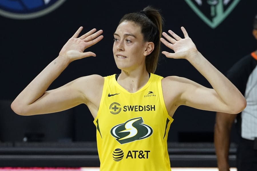 Seattle Storm forward Breanna Stewart (30) celebrates after the team defated the Las Vegas Aces during Game 1 of basketball&#039;s WNBA Finals Friday, Oct. 2, 2020, in Bradenton, Fla.