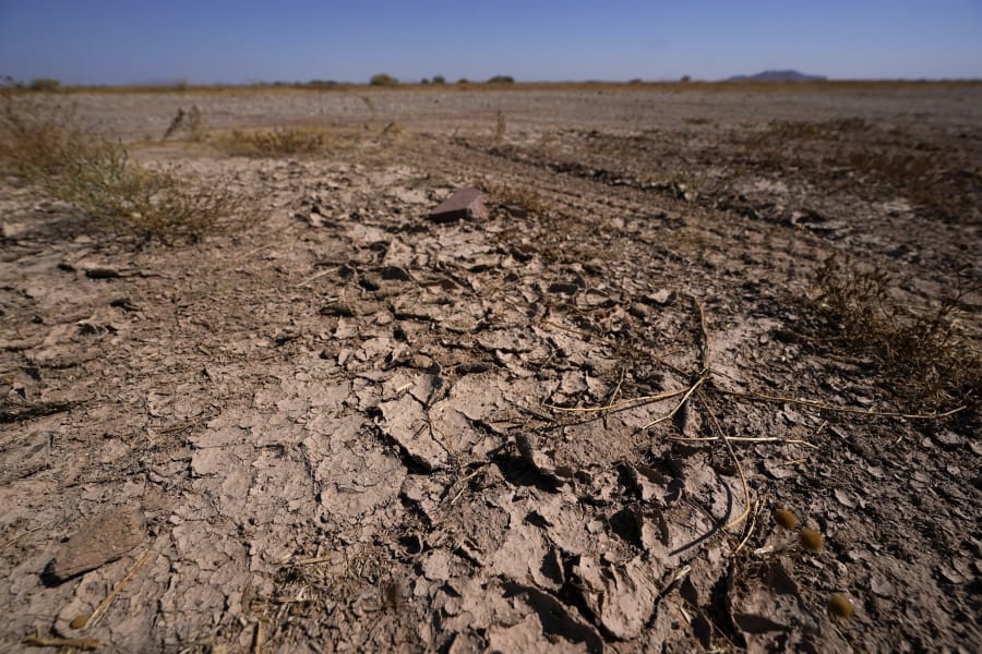 FILE - In this Wednesday, Sept. 30, 2020 file photo, dry desert soil cracks due to the lack of monsoon rainfall in Maricopa, Ariz. In a report released on Thursday, Oct. 15, 2020, National Oceanic and Atmospheric Administration forecasters see a dry winter for all of the south from coast-to-coast and say that could worsen an already bad drought. (AP Photo/Ross D.
