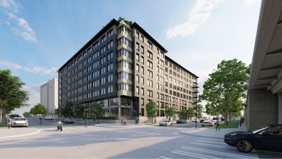 Early renderings for the Block 3 Building submitted to the city of Vancouver. It&#039;s currently planned to be an eight-story apartment complex with 277 units, brick facing, ground-floor retail and a third-story balcony.