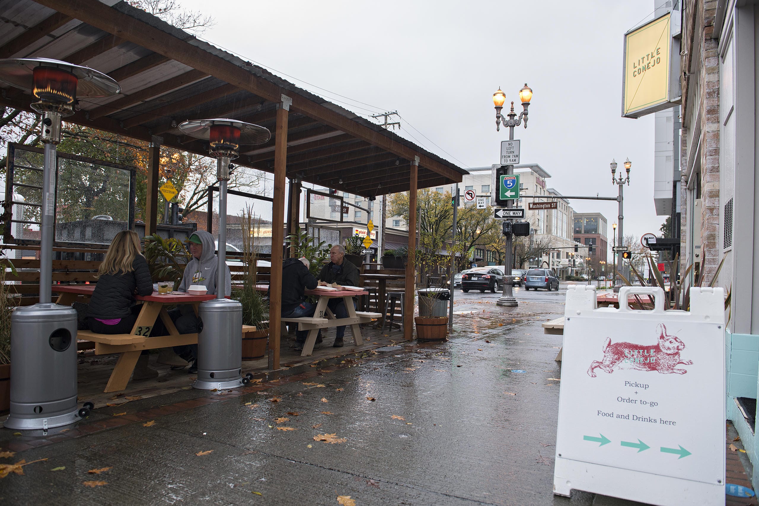 A roof protects customers in Little Conejo’s outdoor dining space in downtown Vancouver on Wednesday afternoon.