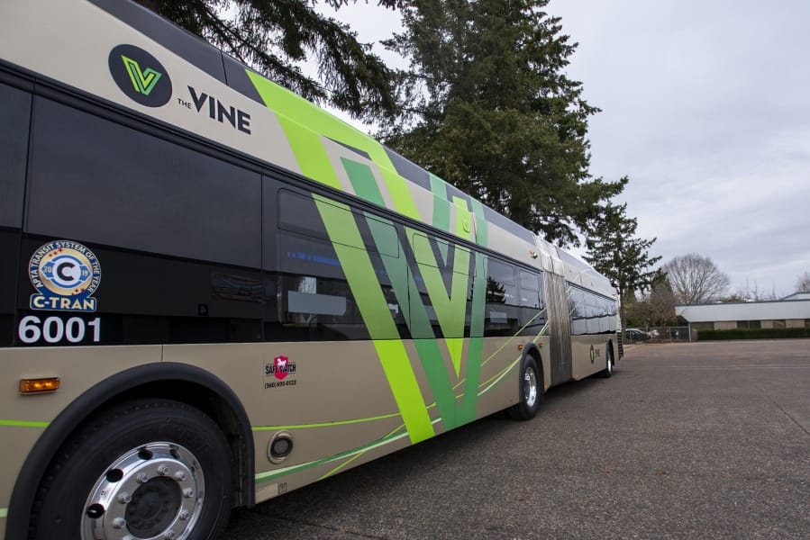 A 60-foot Vine bus pictured at the C-Tran maintenance center in Vancouver.