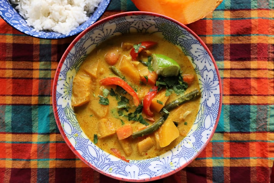 Thai pumpkin curry is made with cubed &quot;Touch of Autumn&quot; pumpkin, coconut milk and red curry paste. Green beans and bell pepper add crunch.