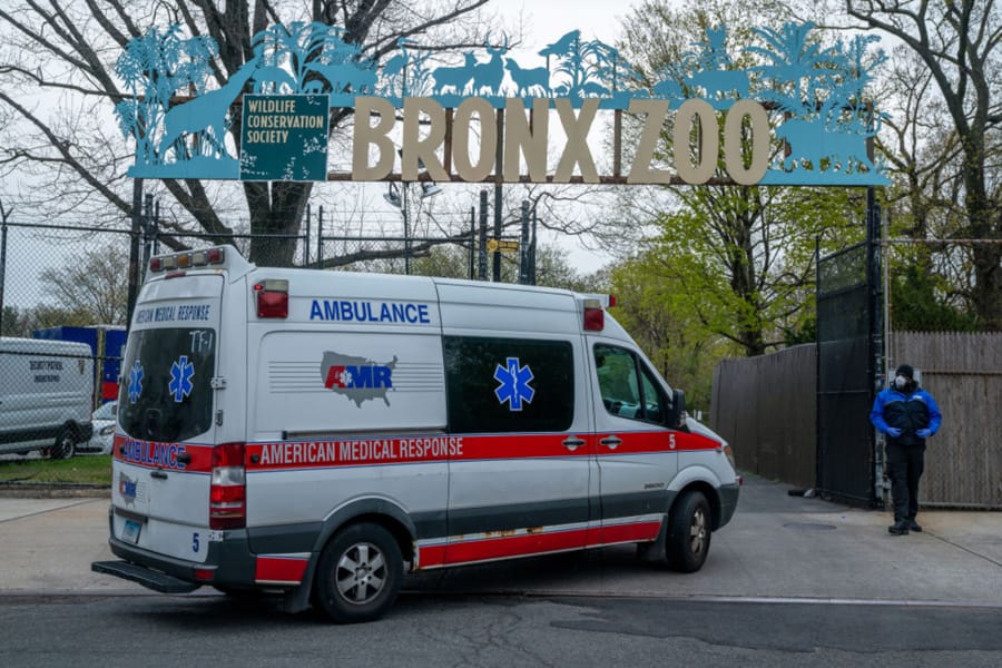 An ambulance arrives at a parking lot at the Bronx Zoo on April 23, in New York City. Seven more big cats have reportedly tested positive for the coronavirus after a tiger tested positive earlier in the month.