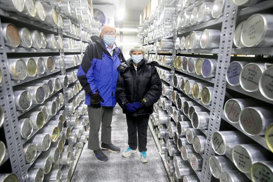 Lonnie Thompson, left, and Ellen Mosley-Thompson, paleoclimatologists in their ice core freezer at the Byrd Polar Climate and Research Center at Ohio State University.