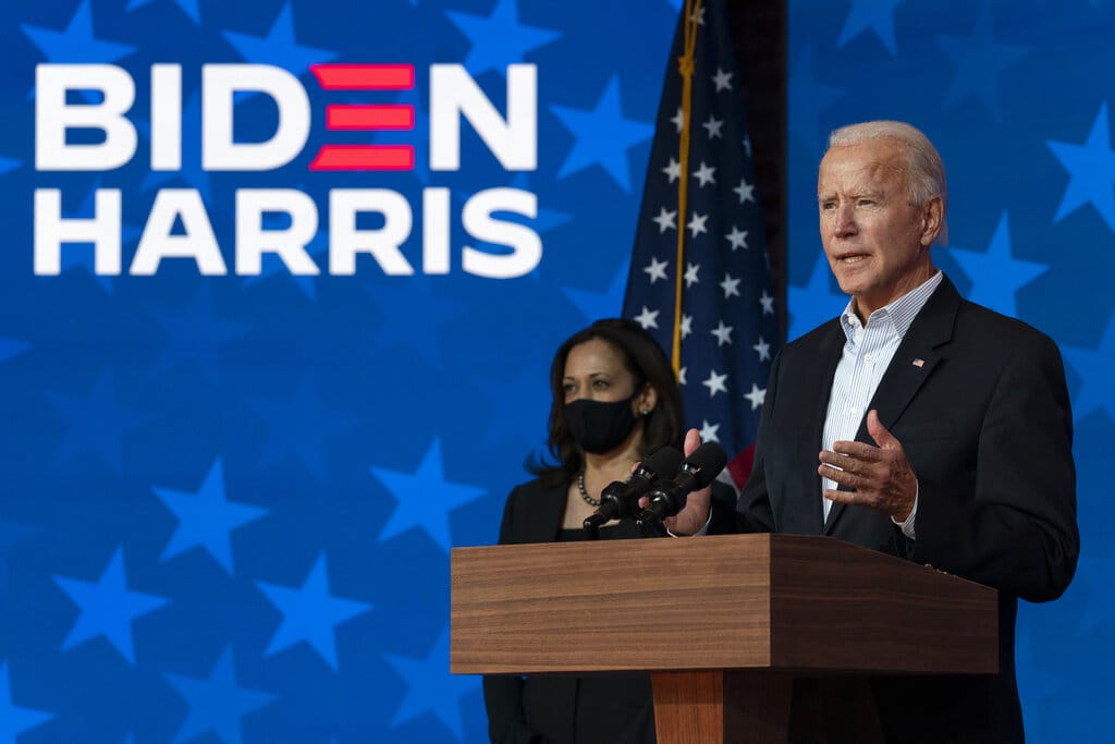 Democratic presidential candidate former Vice President Joe Biden joined by Democratic vice presidential candidate Sen. Kamala Harris, D-Calif., speaks at the The Queen theater Thursday, Nov. 5, 2020, in Wilmington, Del.