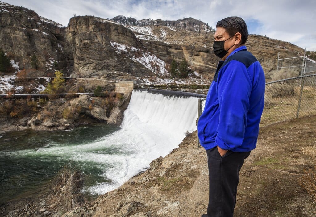 Rodney Cawston, chairmen of the Colville tribe business council, stands at the site of the Enloe Dam on Wednesday, Oct. 28, 2020, in Oroville, Wash. The Colville tribe wants the dam, which blocks fish from reaching the Similkameen River, removed.