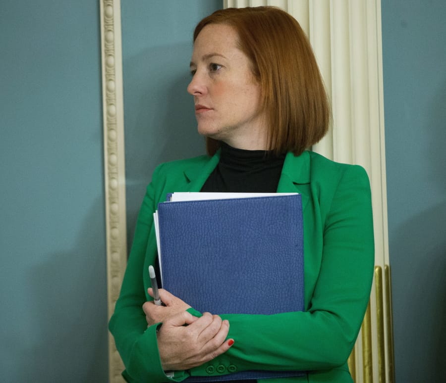 State Department spokeswoman Jen Psaki stands in on a meeting in Washington, Friday, Feb. 27, 2015. President-elect Joe Biden will have an all-female communications team at his White House, led by campaign communications director Kate Bedingfield. Jen Psaki will be his press secretary.