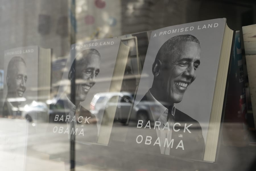 &quot;A Promised Land&quot; by former President Barack Obama is displayed in the window of a New York bookstore, Wednesday, Nov. 18, 2020.